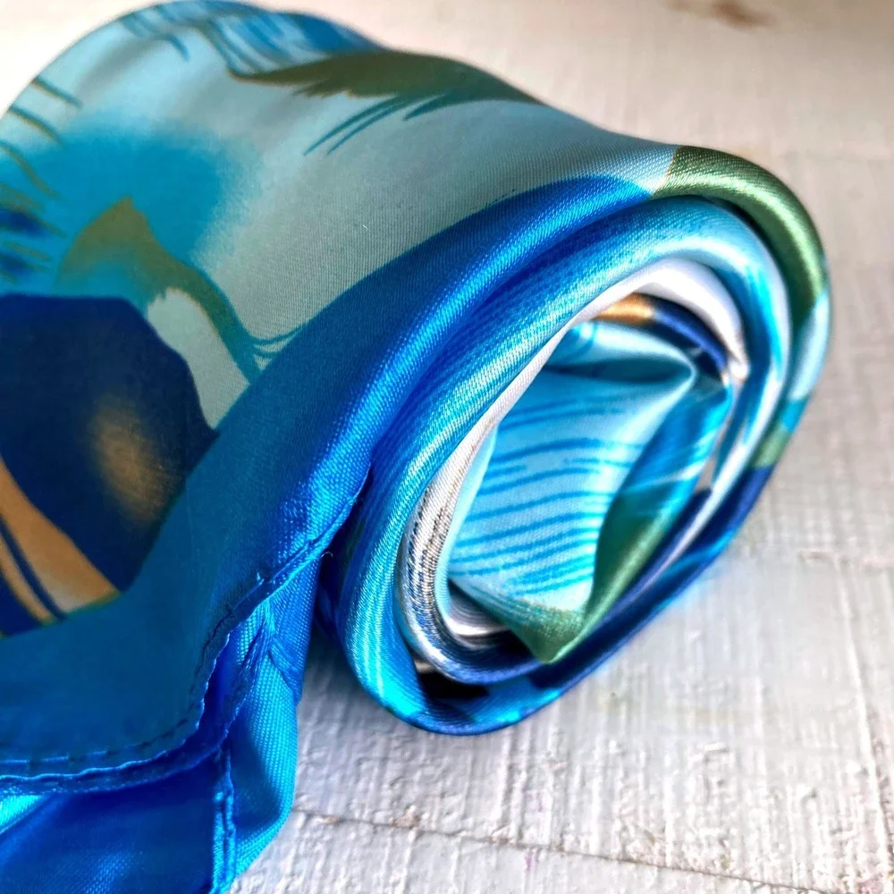 Oversized Square Blue Floral Satin Scarf Head Neck Hair boho Tropical Wrap 💖